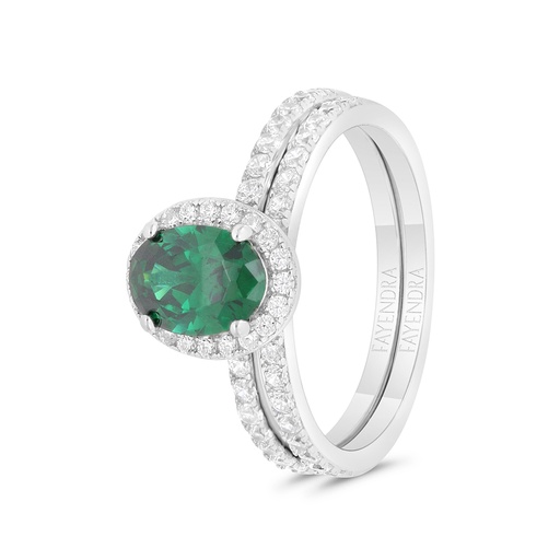 Sterling Silver 925 Ring (Twins) Rhodium Plated Embedded With Emerald Zircon And White CZ