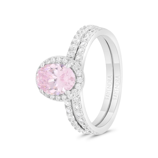 Sterling Silver 925 Ring (Twins) Rhodium Plated Embedded With Pink Zircon And White CZ