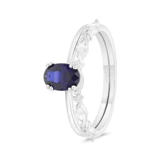 Sterling Silver 925 Ring (Twins) Rhodium Plated Embedded With Sapphire CorundumAnd White CZ