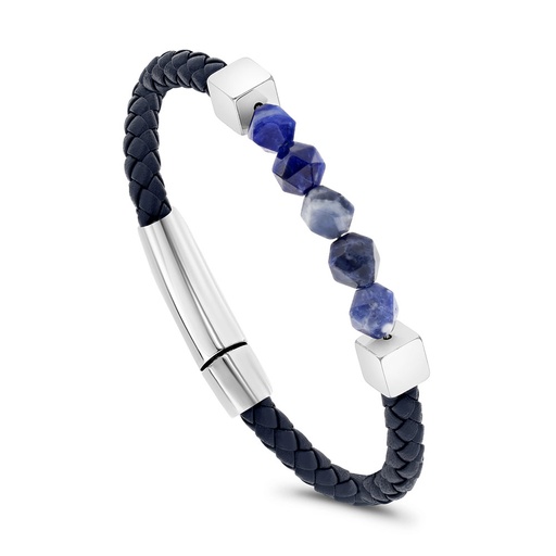 [BRC0900000000A087] Stainless Steel Bracelet, Rhodium Plated Embedded With Blue Tiger Eye And Blue Leather For Men 316L