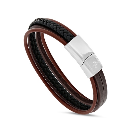[BRC0900000000A099] Stainless Steel Bracelet, Rhodium Plated Embedded With Black And Brown Leather For Men 316L