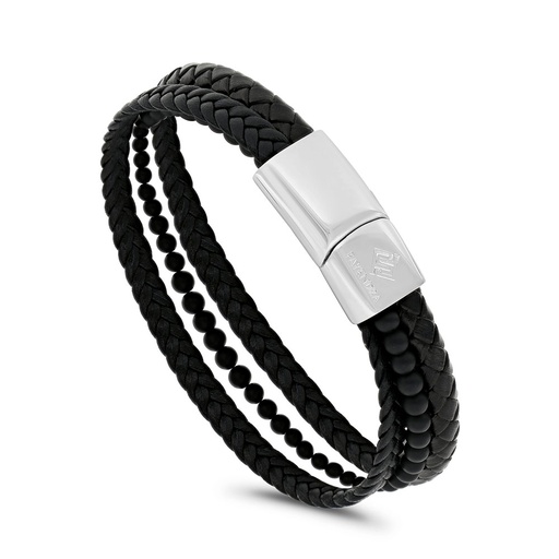 [BRC0900000000A102] Stainless Steel Bracelet, Rhodium Plated Embedded With Black AgateAnd Black Leather For Men 316L