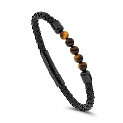 [BRC0900000000A103] Stainless Steel Bracelet, Black Plated Embedded With Yellow Tiger Eye ِAnd Black Leather For Men 316L