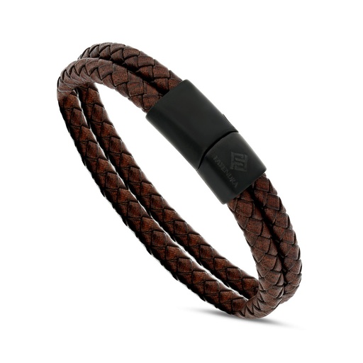 [BRC0900000000A110] Stainless Steel Bracelet, Black Plated Embedded With Brown Leather For Men 316L