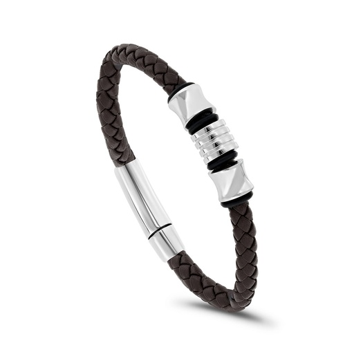 [BRC0900000000A112] Stainless Steel Bracelet, Rhodium Plated Embedded With Brown Leather For Men 316L