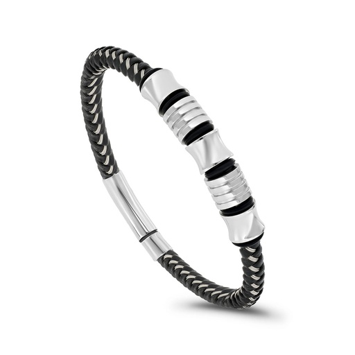 [BRC0900000000A115] Stainless Steel Bracelet, Rhodium Plated Embedded With Black Leather For Men 316L