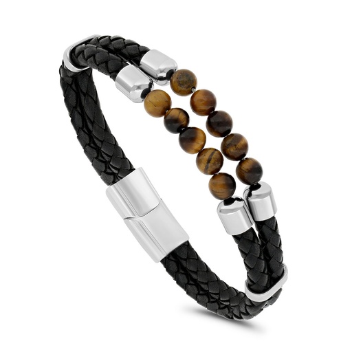 [BRC0900000000A118] Stainless Steel Bracelet, Rhodium Plated Embedded With Yellow Tiger Eye ِAnd Black Leather For Men 316L