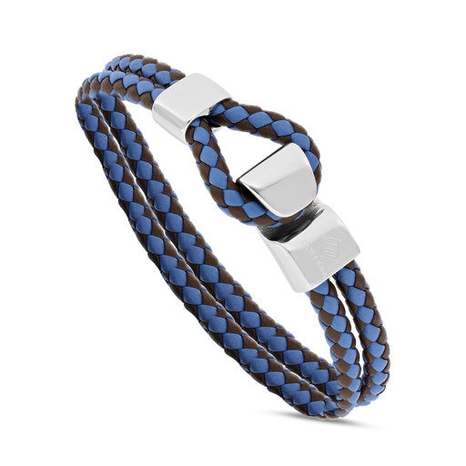 [BRC0900000000A119] Stainless Steel Bracelet, Rhodium Plated Embedded With Brown And Blue Leather For Men 316L