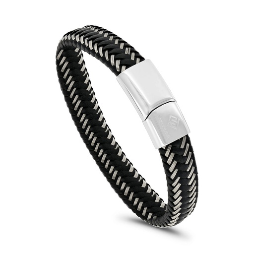 [BRC0900000000A121] Stainless Steel Bracelet, Rhodium Plated Embedded With Black Leather For Men 316L