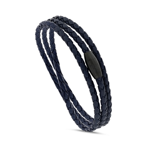 [BRC0900000000A125] Stainless Steel Bracelet, Black Plated Embedded With Blue Leather For Men 316L