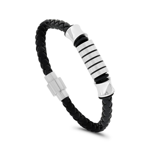 [BRC0900000000A127] Stainless Steel Bracelet, Rhodium Plated Embedded With Black Leather For Men 316L