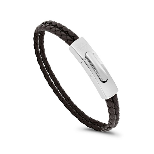 [BRC0900000000A129] Stainless Steel Bracelet, Rhodium Plated Embedded With Brown Leather For Men 316L
