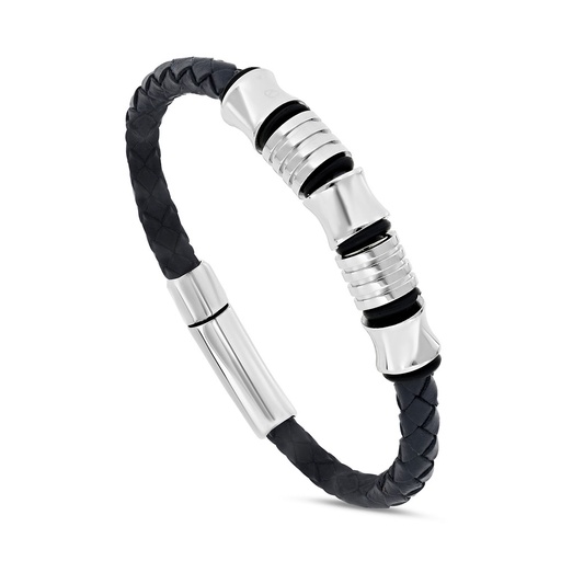 [BRC0900000000A130] Stainless Steel Bracelet, Rhodium Plated Embedded With Blue Leather For Men 316L