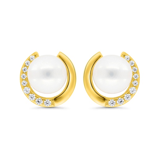 [EAR02FPR00WCZC302] Sterling Silver 925 Earring Gold Plated Embedded With Natural White Pearl And  White Zircon