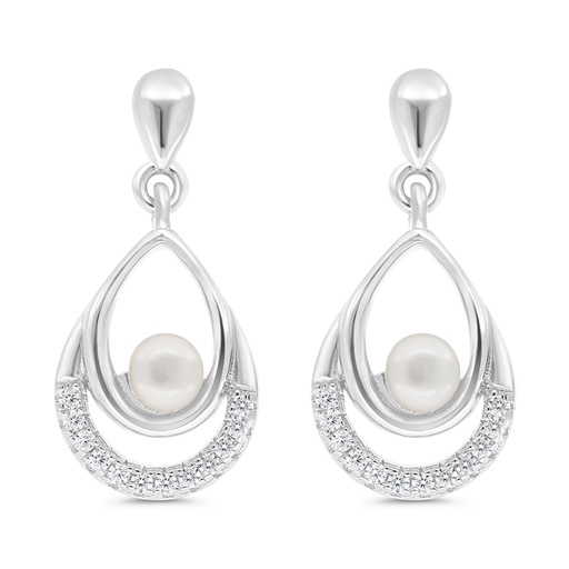 [EAR01FPR00WCZC303] Sterling Silver 925 Earring Rhodium Plated Embedded With Natural White Pearl And  White Zircon 