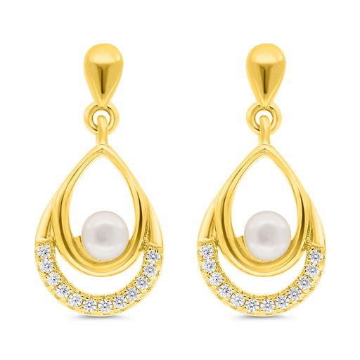 [EAR02FPR00WCZC303] Sterling Silver 925 Earring Gold Plated Embedded With Natural White Pearl And  White Zircon