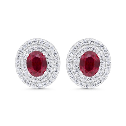 [EAR01RUB00WCZC313] Sterling Silver 925 Earring  Rhodium Plated Embedded With Ruby Corundum And White Zircon