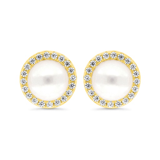 [EAR02FPR00WCZC305] Sterling Silver 925 Earring Gold Plated Embedded With Natural White Pearl And  White Zircon