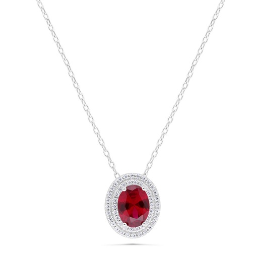 [NCL01RUB00WCZB349] Sterling Silver 925 Necklace  Rhodium Plated Embedded With Ruby Corundum And White Zircon