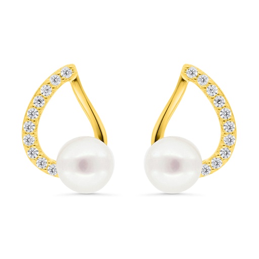 [EAR02FPR00WCZC297] Sterling Silver 925 Earring Gold Plated Embedded With Natural White Pearl And  White Zircon