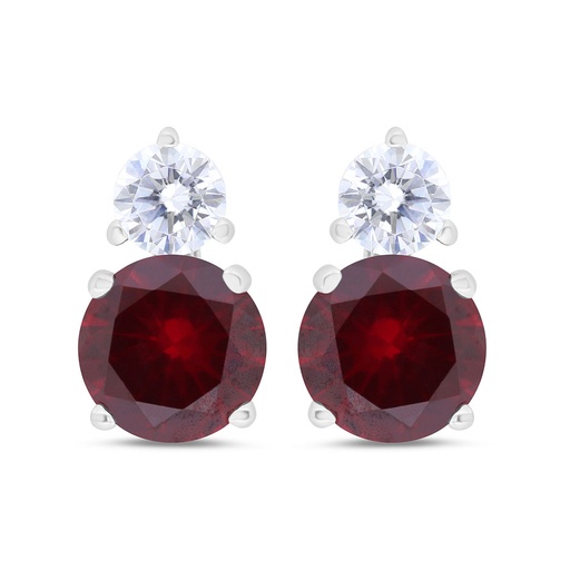 [EAR01RUB00WCZC312] Sterling Silver 925 Earring Rhodium Plated Embedded With Ruby Corundum And White Zircon