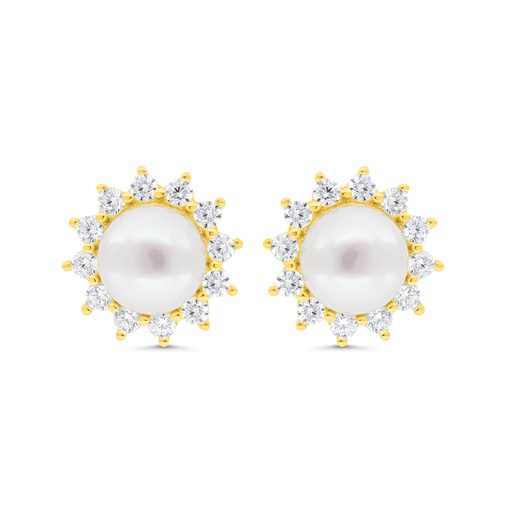 [EAR02FPR00WCZC298] Sterling Silver 925 Earring Gold Plated Embedded With Natural White Pearl And  White Zircon