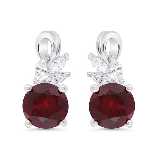 [EAR01RUB00WCZC319] Sterling Silver 925 Earring  Rhodium Plated Embedded With Ruby Corundum And White Zircon