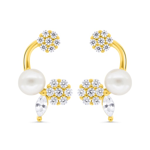 [EAR02FPR00WCZC301] Sterling Silver 925 Earring Gold Plated Embedded With Natural White Pearl And  White Zircon