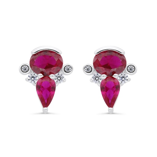 [EAR01RUB00WCZC326] Sterling Silver 925 Earring  Rhodium Plated Embedded With Ruby Corundum And White Zircon