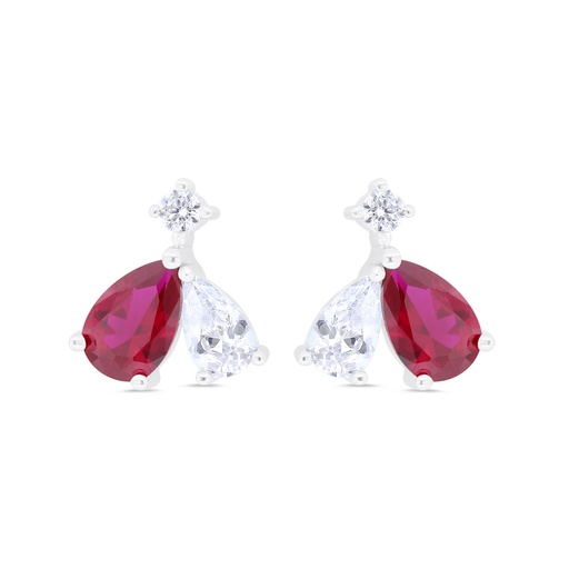 [EAR01RUB00WCZB878] Sterling Silver 925 Earring Rhodium Plated Embedded With Ruby Corundum And White Zircon