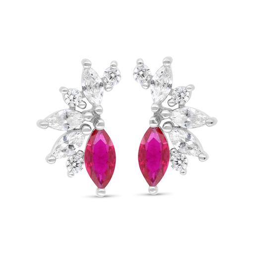 [EAR01RUB00WCZC311] Sterling Silver 925 Earring Rhodium Plated Embedded With Ruby Corundum And White Zircon