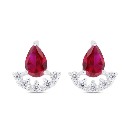 [EAR01RUB00WCZC310] Sterling Silver 925 Earring Rhodium Plated Embedded With Ruby Corundum And White Zircon
