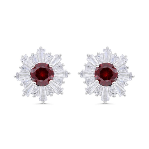 [EAR01RUB00WCZC324] Sterling Silver 925 Earring  Rhodium Plated Embedded With Ruby Corundum And White Zircon