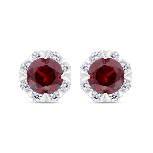 [EAR01RUB00WCZC321] Sterling Silver 925 Earring  Rhodium Plated Embedded With Ruby Corundum And White Zircon