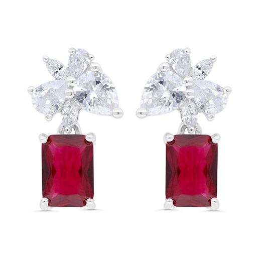 [EAR01RUB00WCZC317] Sterling Silver 925 Earring  Rhodium Plated Embedded With Ruby Corundum And White Zircon