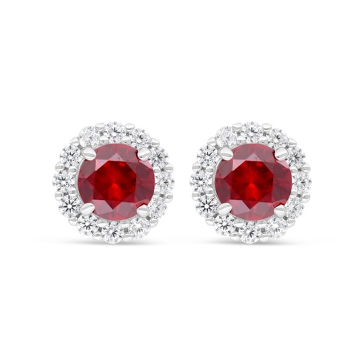 [EAR01RUB00WCZC318] Sterling Silver 925 Earring  Rhodium Plated Embedded With Ruby Corundum And White Zircon