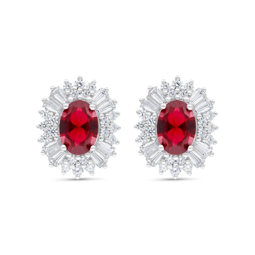 [EAR01RUB00WCZC316] Sterling Silver 925 Earring  Rhodium Plated Embedded With Ruby Corundum And White Zircon