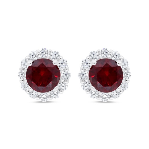 [EAR01RUB00WCZC315] Sterling Silver 925 Earring  Rhodium Plated Embedded With Ruby Corundum And White Zircon