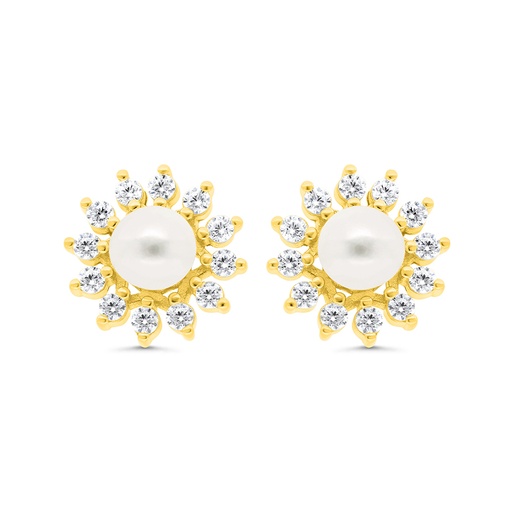 [EAR02FPR00WCZC299] Sterling Silver 925 Earring Gold Plated Embedded With Natural White Pearl And  White Zircon