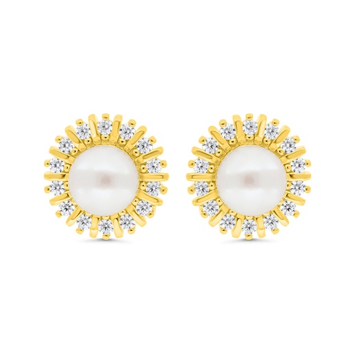 [EAR02FPR00WCZC294] Sterling Silver 925 Earring Gold Plated Embedded With Natural White Pearl And  White Zircon