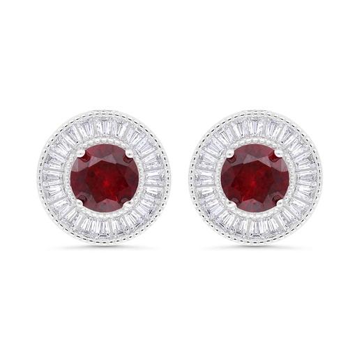 [EAR01RUB00WCZC325] Sterling Silver 925 Earring  Rhodium Plated Embedded With Ruby Corundum And White Zircon