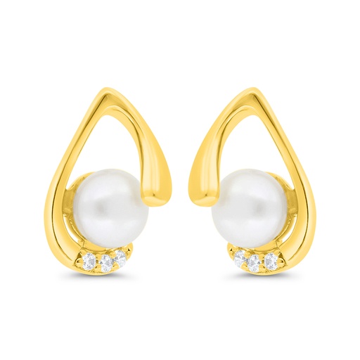 [EAR02FPR00WCZC300] Sterling Silver 925 Earring Gold Plated Embedded With Natural White Pearl And  White Zircon