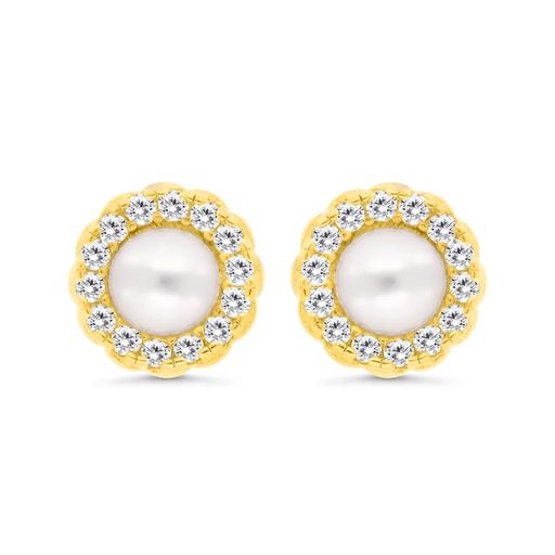 [EAR02FPR00WCZC304] Sterling Silver 925 Earring Gold Plated Embedded With Natural White Pearl And  White Zircon