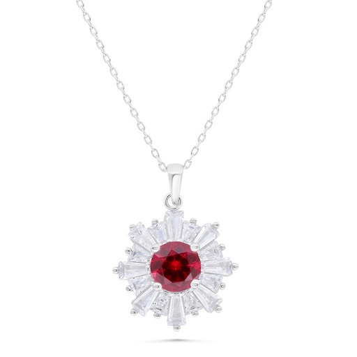 [NCL01RUB00WCZB361] Sterling Silver 925 Necklace  Rhodium Plated Embedded With Ruby Corundum And White Zircon