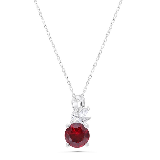 [NCL01RUB00WCZB355] Sterling Silver 925 Necklace  Rhodium Plated Embedded With Ruby Corundum And White Zircon