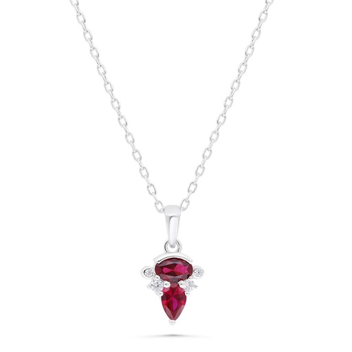 [NCL01RUB00WCZB363] Sterling Silver 925 Necklace  Rhodium Plated Embedded With Ruby Corundum And White Zircon