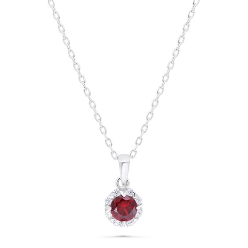 [NCL01RUB00WCZB358] Sterling Silver 925 Necklace  Rhodium Plated Embedded With Ruby Corundum And White Zircon