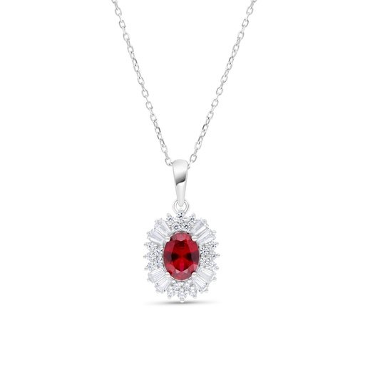 [NCL01RUB00WCZB352] Sterling Silver 925 Necklace  Rhodium Plated Embedded With Ruby Corundum And White Zircon