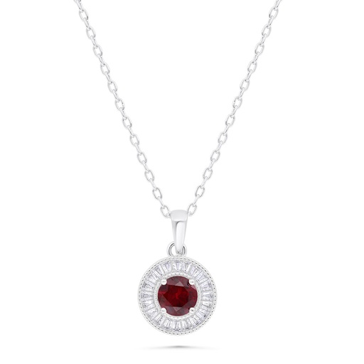 [NCL01RUB00WCZB362] Sterling Silver 925 Necklace  Rhodium Plated Embedded With Ruby Corundum And White Zircon