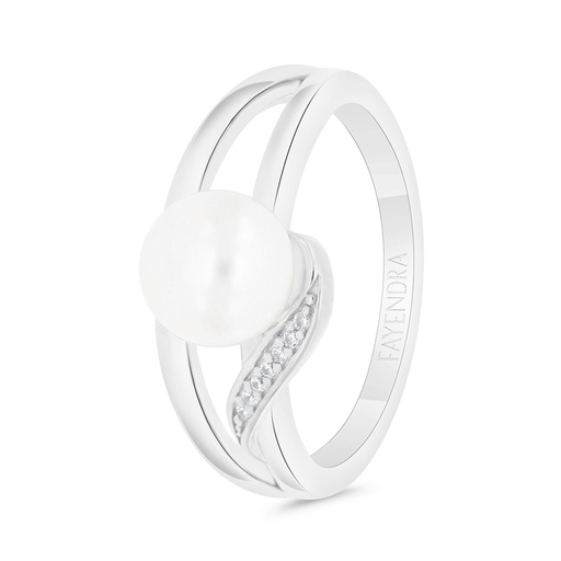Sterling Silver 925 Ring Rhodium Plated Embedded With Natural White Pearl And White Zircon